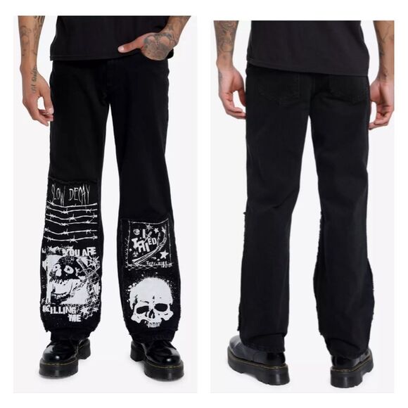 Hot Topic Punk Patch Jeans Mens *34 Slow Decay Skull Grunge Black Goth Graphic - Picture 2 of 8